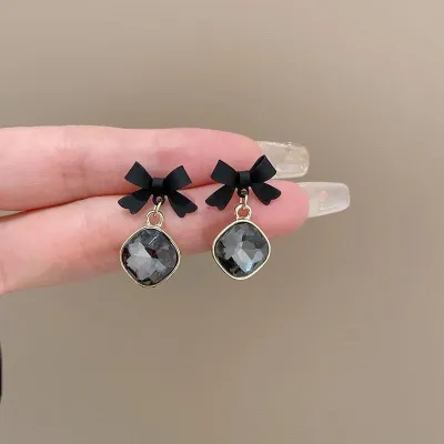 Black and Golden Bow Crystal Earrings